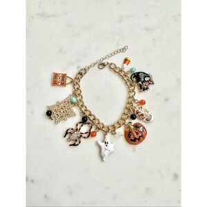 Halloween Charm Bracelet Ghost Pumpkin Black Cat Spider Skull Gold